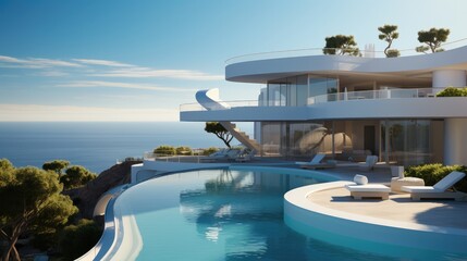 Villa with a swimming pool on a hill overlooking the ocean. Generative AI.