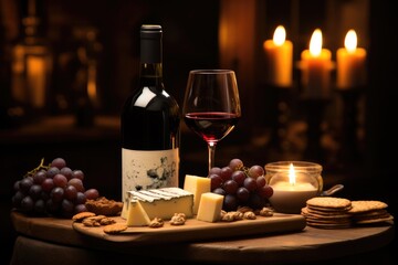 A bottle of red wine and cheese on a wooden table behind candlelight. Generative AI.