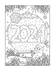 Year 2024 snow globe coloring page, poster, sign or banner black and white activity sheet 