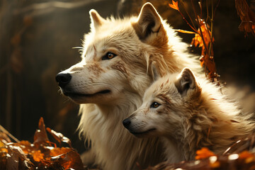 Mother wolf and her cubs in the forest - obrazy, fototapety, plakaty