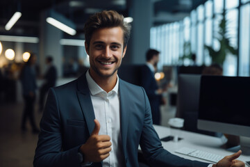 A happy man showing a thumbs up in a productive ergonomic office setup. Generative AI.