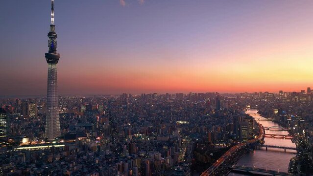 Aerial shot of Skytree in Tokyo city, Japan, Japanese capital Tokyo at night, Japanese metropolis with evening lights