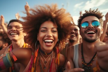 Happy mixed race people at a music festival lots of color. Generative AI.