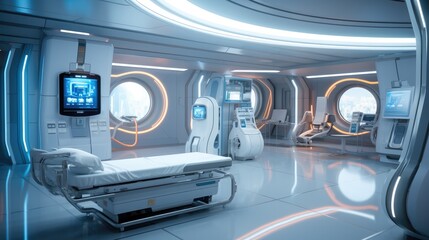 High-tech hospital, Hospital interior with large inspection equipment. Generative AI.