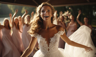 Beautiful bride gracefully tosses her bouquet at the wedding. Generative AI.