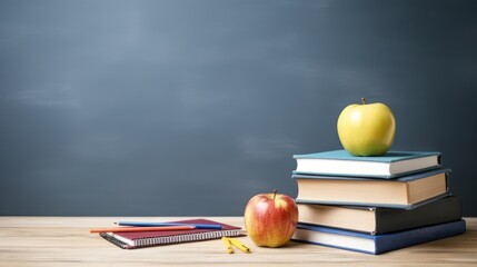 Set up study equipment, apple pencil books, classroom table with black board background