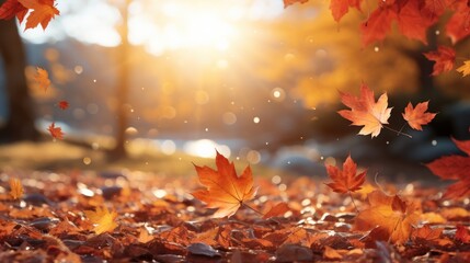 Fototapeta premium Autumn sunlight with red autumn leaves. Generative AI.