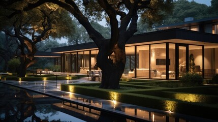 Night time, Manicured hedges and oak trees lead to a large house with sleek glass panels and warm, Natural stone. Generative AI.