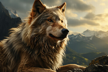 A wolf sitting on a rock mountain