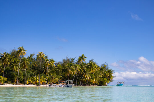 French Polynesia Bora Bo travel vacation concept. Outrigger Canoe coastline, Polynesian traditional vaa boat. Water leisure activity, Bora Bora motu with traditional boats