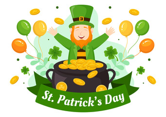 Happy St Patrick's Day Vector Illustration on 17 March with Golden Coins, Green Hat, Beer Pub and Shamrock in Flat Cartoon Background Design