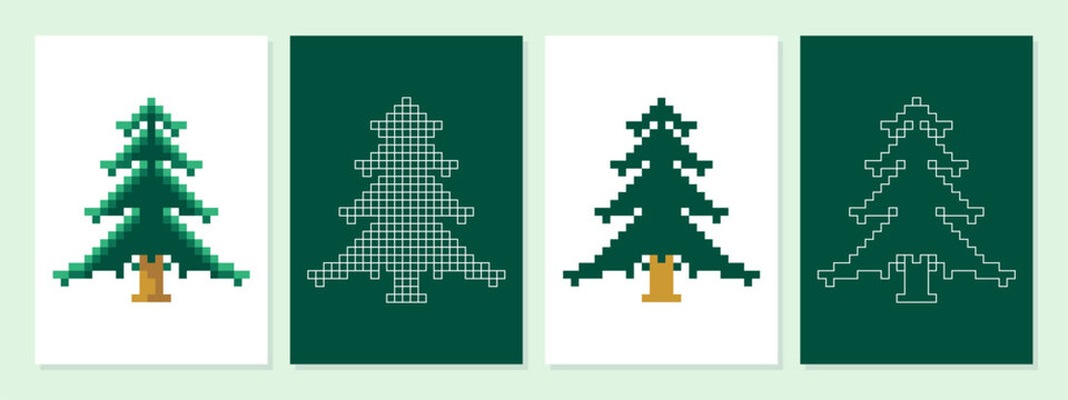 Set of Christmas Trees Design Vector Template. Christmas trees collection pixel art. Pixels, square, art, lines, seamless, modern, aestethics, decoration, christmas trees.
