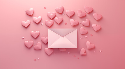 pink envelope with paper craft hearts, love letter