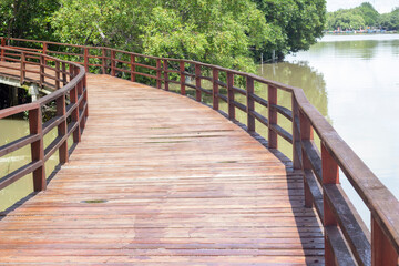 Fototapeta premium Wooden footpaths in the mangrove forest at Stupa in the middle of river in Rayong.