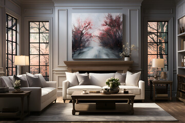Bright living room with large windows and a painting on the wall generated AI