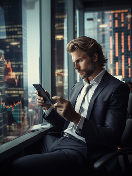 A Photo of a Businessman Checking Stock Market Updates on His Phone in a High-Rise Office