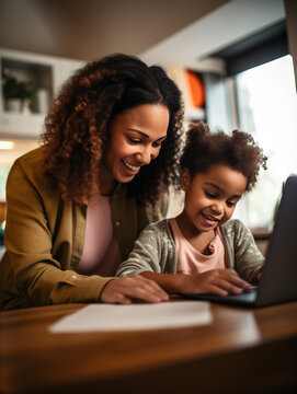 A Photo of a Mother Teaching Her Daughter About Online Savings Accounts on a Home Computer