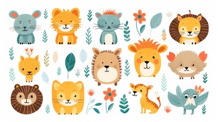 Obraz na płótnie Canvas Children's cartoon style animal lion tiger design pattern with nature leaves.
