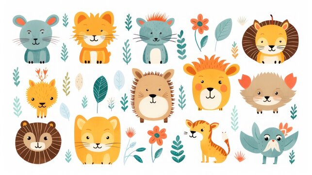 Children's cartoon style animal lion tiger design pattern with nature leaves.