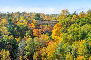 Colorful autumn leaves surround Natural Bridge, a beautiful sandstone rock arch in a state park in the Red River Gorge geologic region of Kentucky, the Bluegrass State. - 690466370