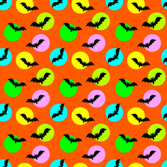 Halloween Bats and Neon Moons on Orange Seamless Tile