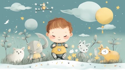Children's cartoon design, pastel painting art for bedroom walls or book covers, cute and adorable. - obrazy, fototapety, plakaty