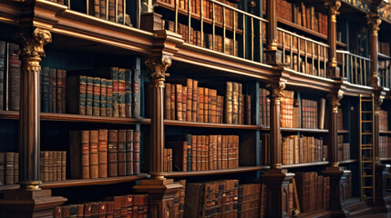 Old library with many books on shelves,bookself,ancientbook