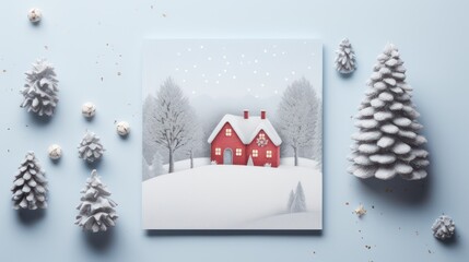 Winter themed greeting card template with a picture of a country house, and conifer decoration.