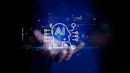 Ai technology analysis, hand point to AI icon network. AI technology Machine learning for data analysis and management, Data analysis using artificial intelligence is essential. Futuristic technology.