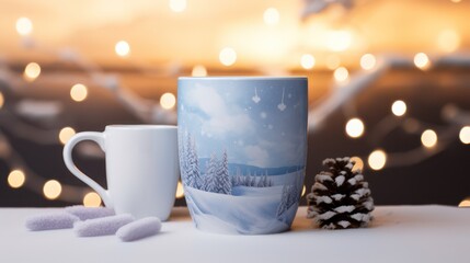 Porcelain warm coffee tea mug in snowy winter.