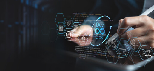 DevOps software development and IT operations, software engineer, project manager working in agile methodology, dev ops icon and javascript. Development Operations programming technology concept