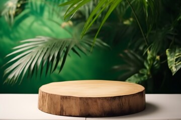 Obraz premium Cosmetics product advertising stand. Exhibition wooden podium on green background with palm leaves and shadows. Empty pedestal to display product packaging. Mockup. generative ai.