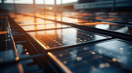 Closeup of surface of blue photovoltaic solar panels mounted on building roof for producing clean ecological electricity. Production of renewable energy concept. - obrazy, fototapety, plakaty
