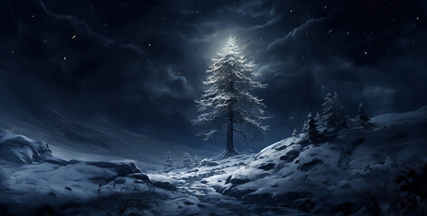 landscape with moon, moon and clouds, a single fluffy pine tree in the snow at night