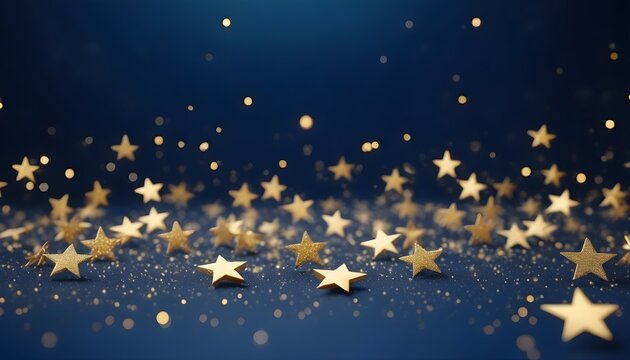 Abstract background with gold stars, particles and sparkling on navy blue. Christmas Golden light shine particles bokeh on navy blue background. 2024 New year background. Gold foil texture.