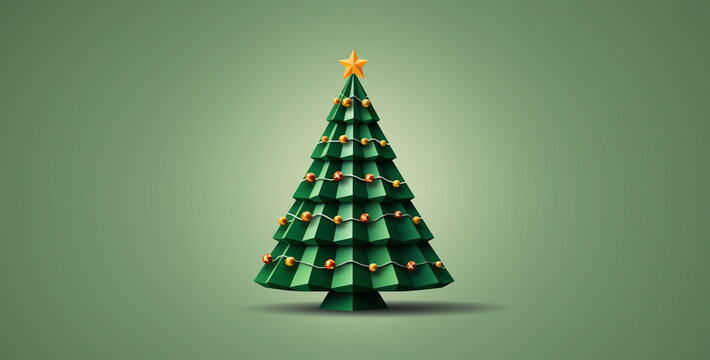 Christmas tree low poly minimal 3D design with glowing lights and simple green backdrop