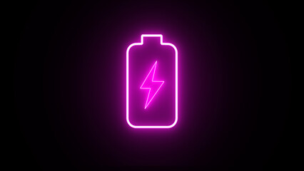 3d glowing neon symbol of vertical symbol of charging empty battery isolated on black background. glowing battery icon with Lightning bolt symbol. - obrazy, fototapety, plakaty