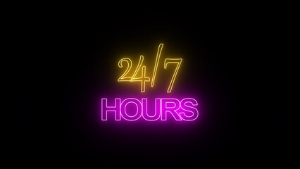 24 /7 hours neon glowing signboard. Open sign. Day and night working. Open all day neon signs. 24 hour 7 day service concept.