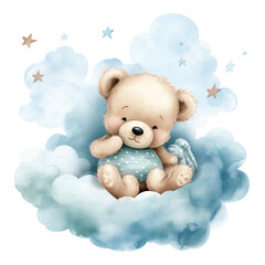 Cute baby teddy bear sleeping on the cloud Illustration, Generative Ai