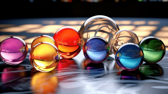 A group of colorful glass balls sitting on a table. Generative AI.