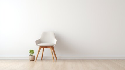 Dining chair Padded seat wooden legs, in a modern minimalist interior room with wooden vinyl flooring, with space white wall. - obrazy, fototapety, plakaty
