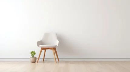 Fotobehang Dining chair Padded seat wooden legs, in a modern minimalist interior room with wooden vinyl flooring, with space white wall. © Muamanah
