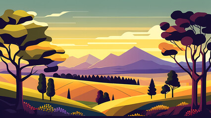 "Image of a surreal landscape, solitary mountains, sun, flora, and fauna, nature."