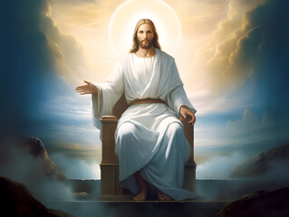 Jesus sitting in throne at heaven - obrazy, fototapety, plakaty