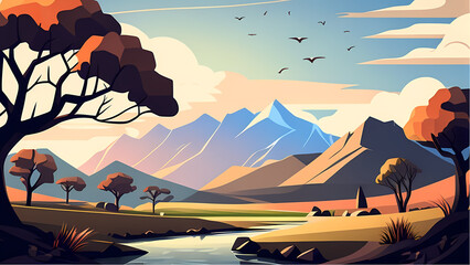 "Image of a surreal landscape, solitary mountains, sun, flora, and fauna, nature."