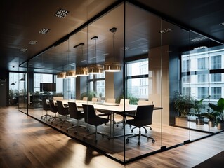 abstract corporate environment with glass wall partition - modern office interior design