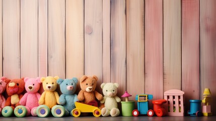 Framed kids toys on wooden background