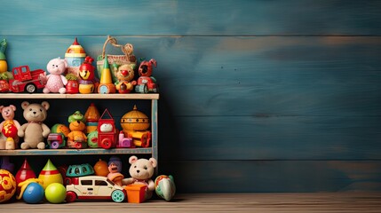Framed kids toys on wooden background