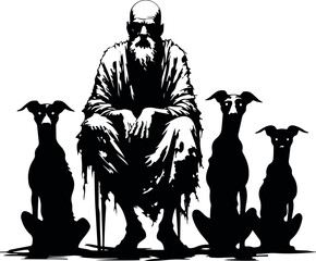 Silhouette of a vagabond and his faithful dogs