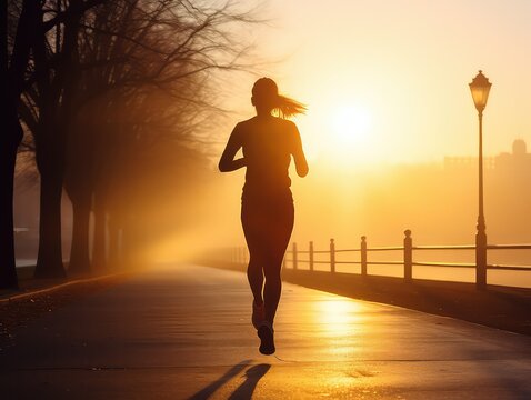 woman jogging alone at sunrise on Women's Day, with a soft, defocused background highlighting the early morning light